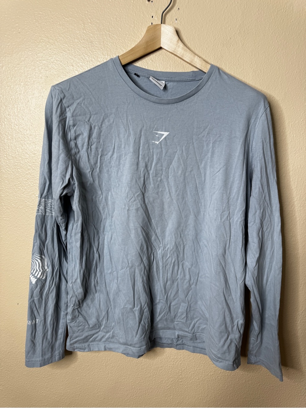 Gymshark Size L Slate Blue 100% Cotton Long Sleeve Graphic T-Shirt Back Logo